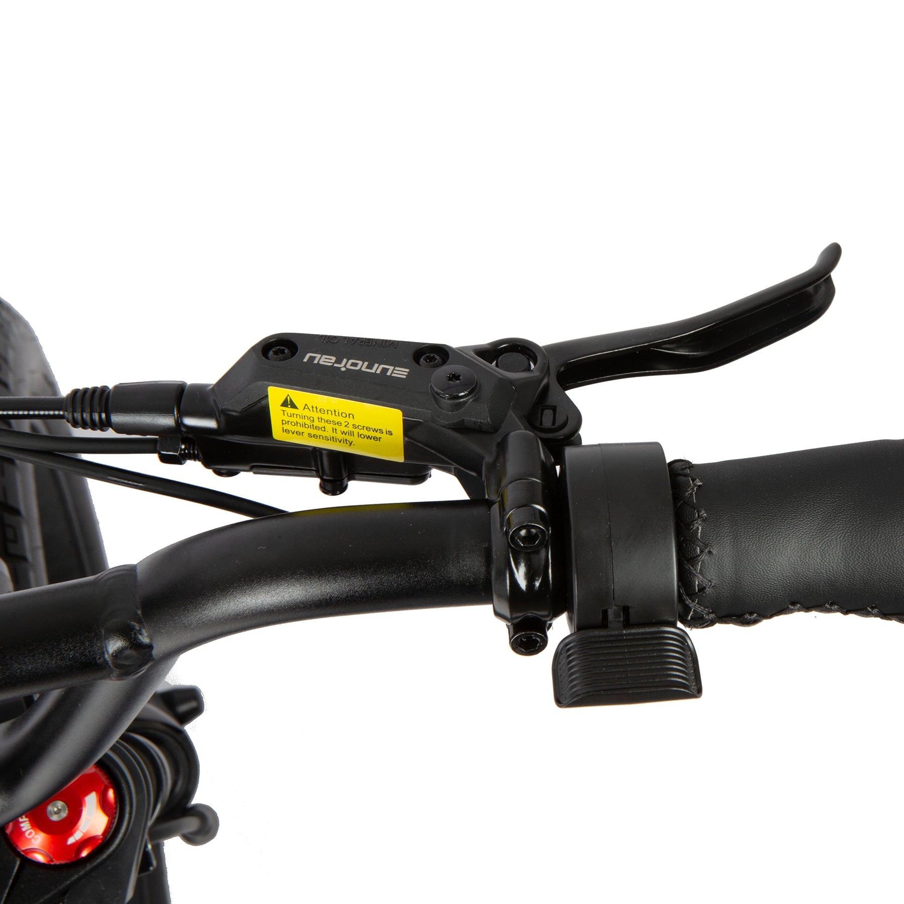 Close-up of bicycle handlebar controls with a white background