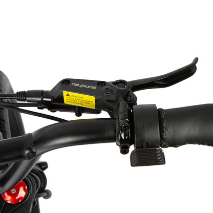 Close-up of bicycle handlebar controls with a white background