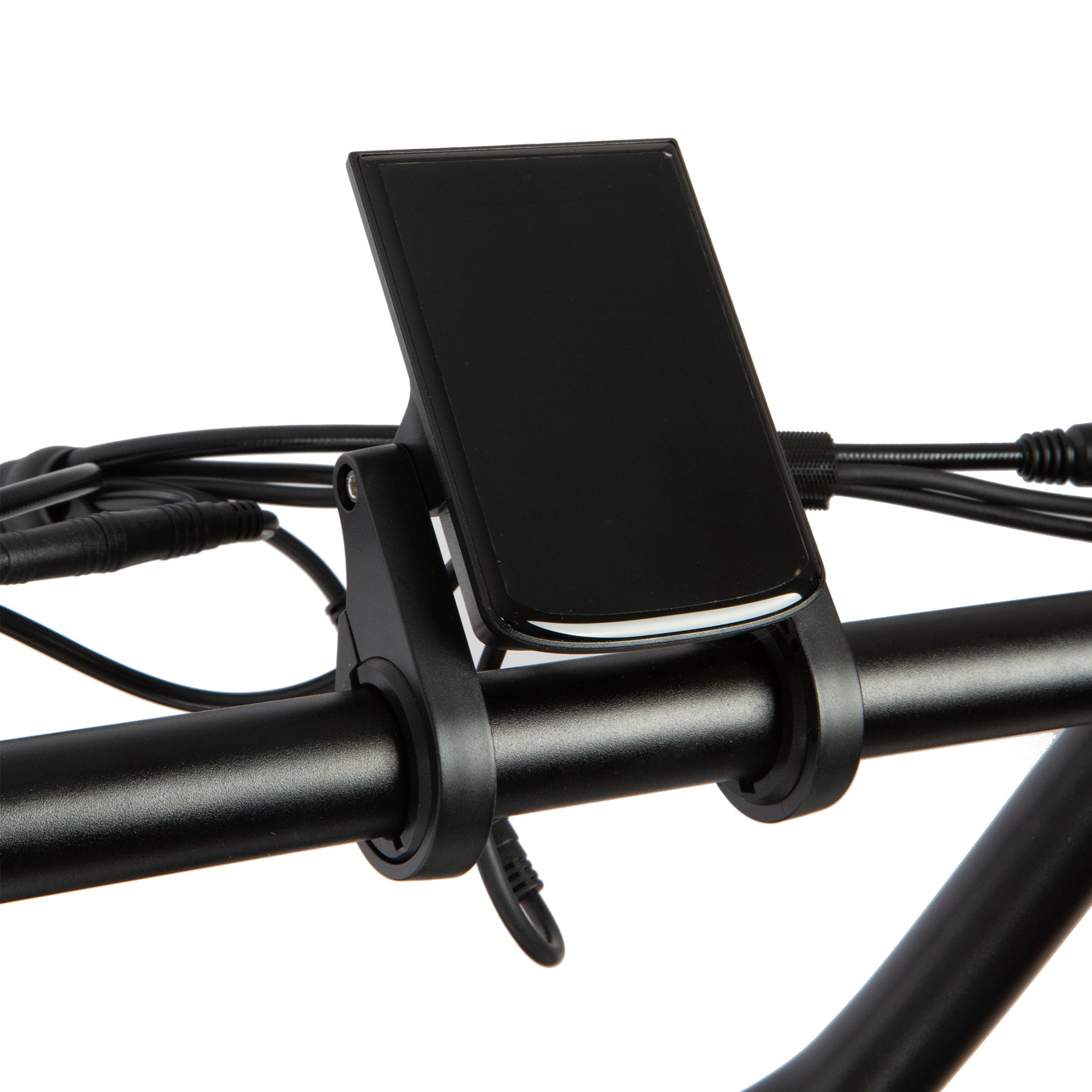 Black bike handlebar with a smartphone mount on a white background