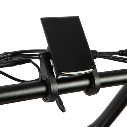 Black bike handlebar with a smartphone mount on a white background
