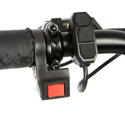 Close-up of a motorcycle handlebar with control buttons and a red switch on a white background