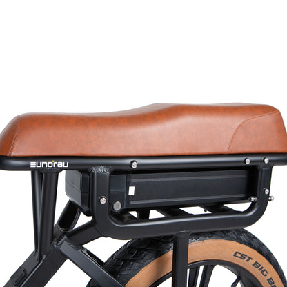 Brown leather seat on a bicycle with black metal frame and CST Big Baby tires.
