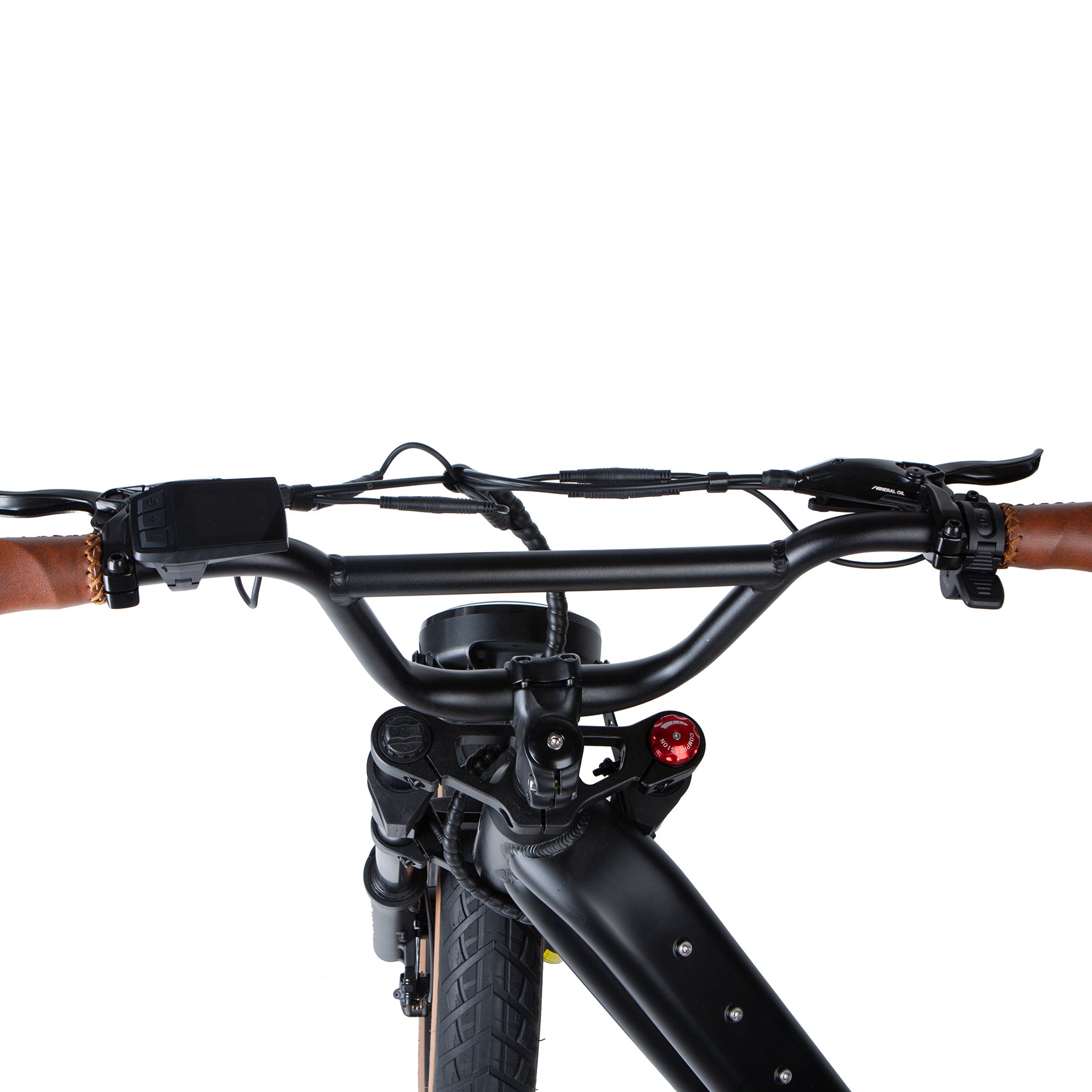 Close-up of a bicycle handlebar with brown grips on a white background