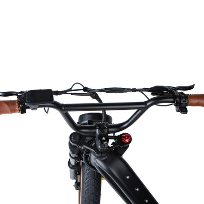 Close-up of a bicycle handlebar with brown grips on a white background