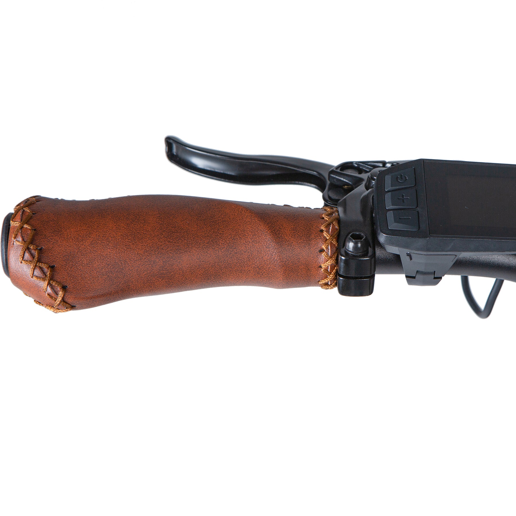 Close-up of a rifle with a brown leather stock on a white background