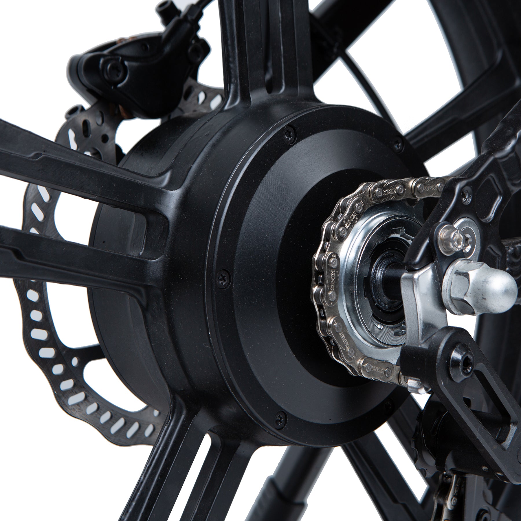 Close-up of a bicycle wheel with gear and chain mechanism on a white background