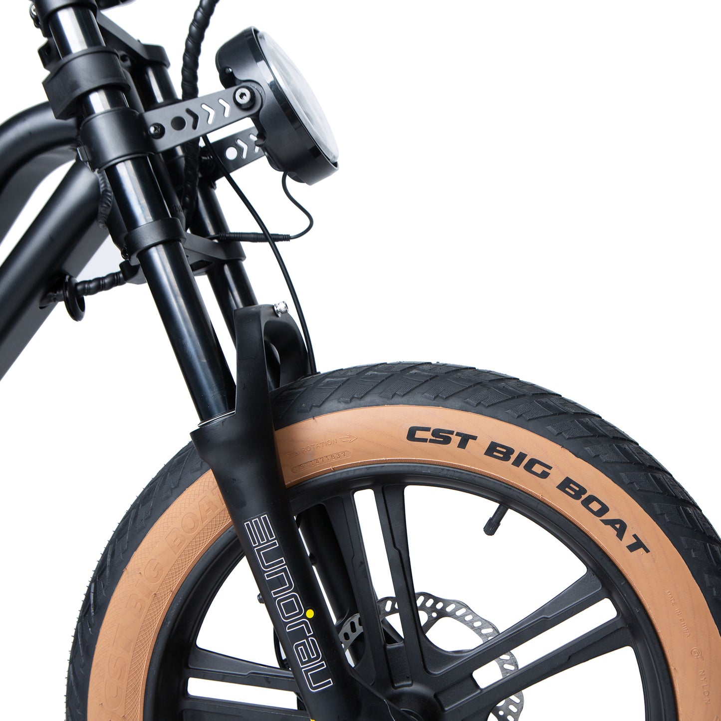 Close-up of a bicycle wheel with 'CST Big Boat' tires and 'Eunorau' branding on a white background.