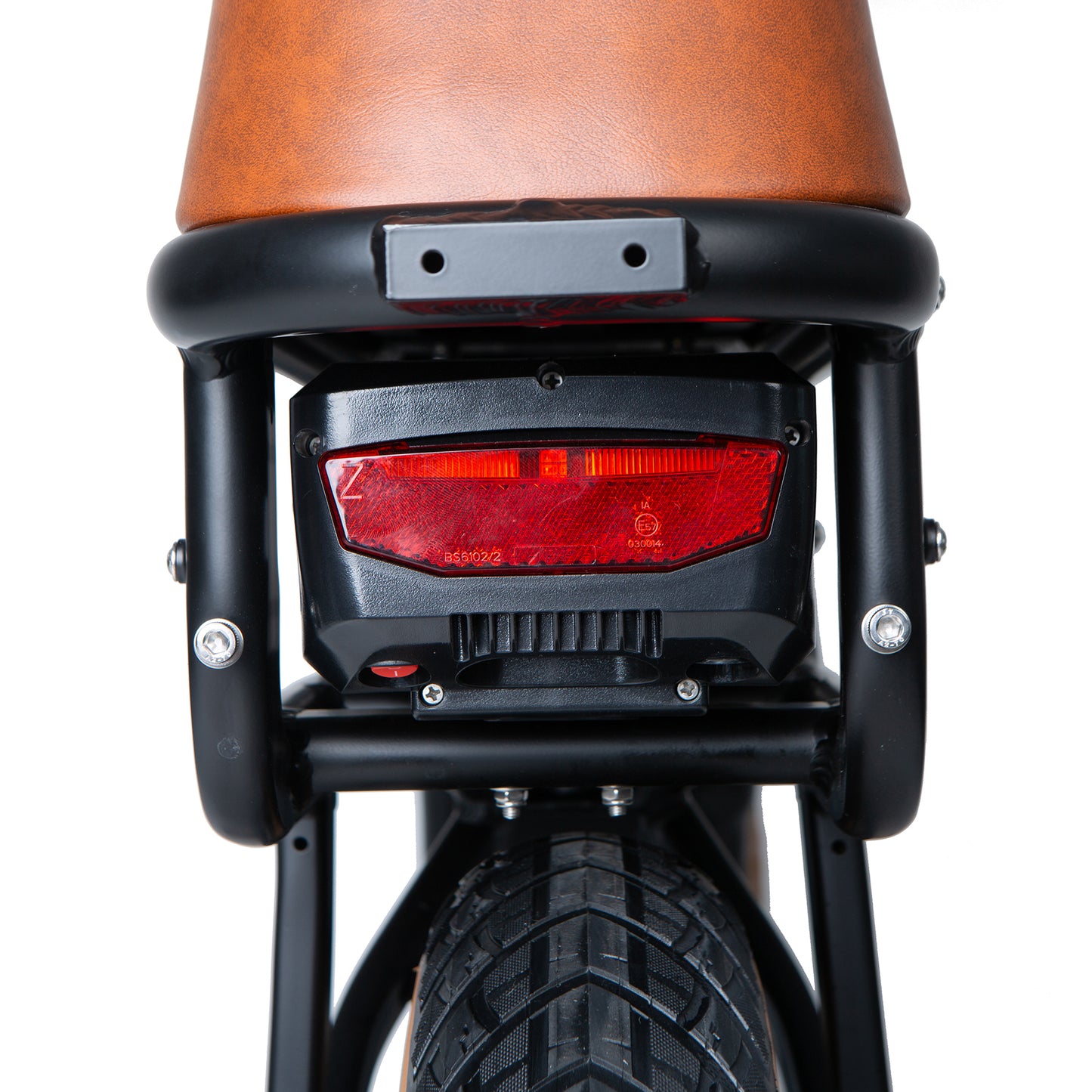 Close-up of a bicycle's rear light and seat on a white background