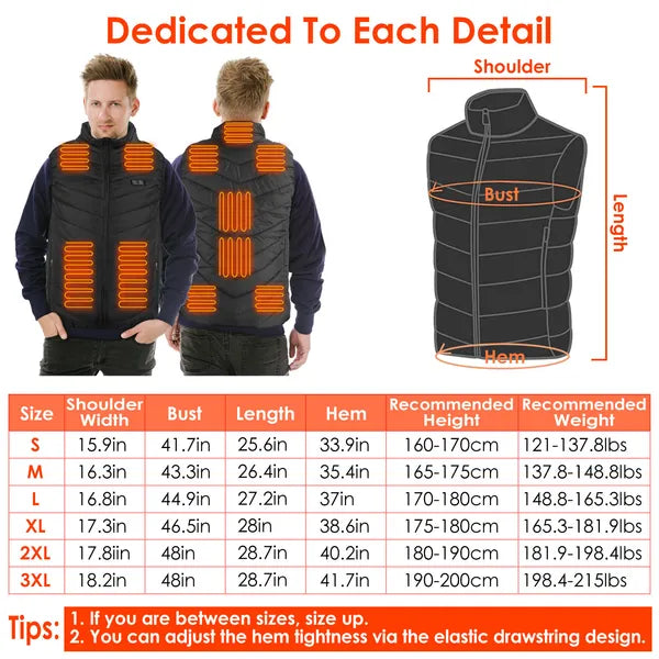 Black heated vest with orange heating elements, shown from front and back, with size chart and measurements.