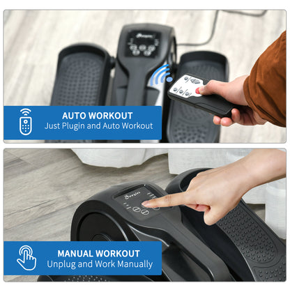 Exercise stepper with remote control and manual operation buttons, featuring text on auto and manual workout modes.