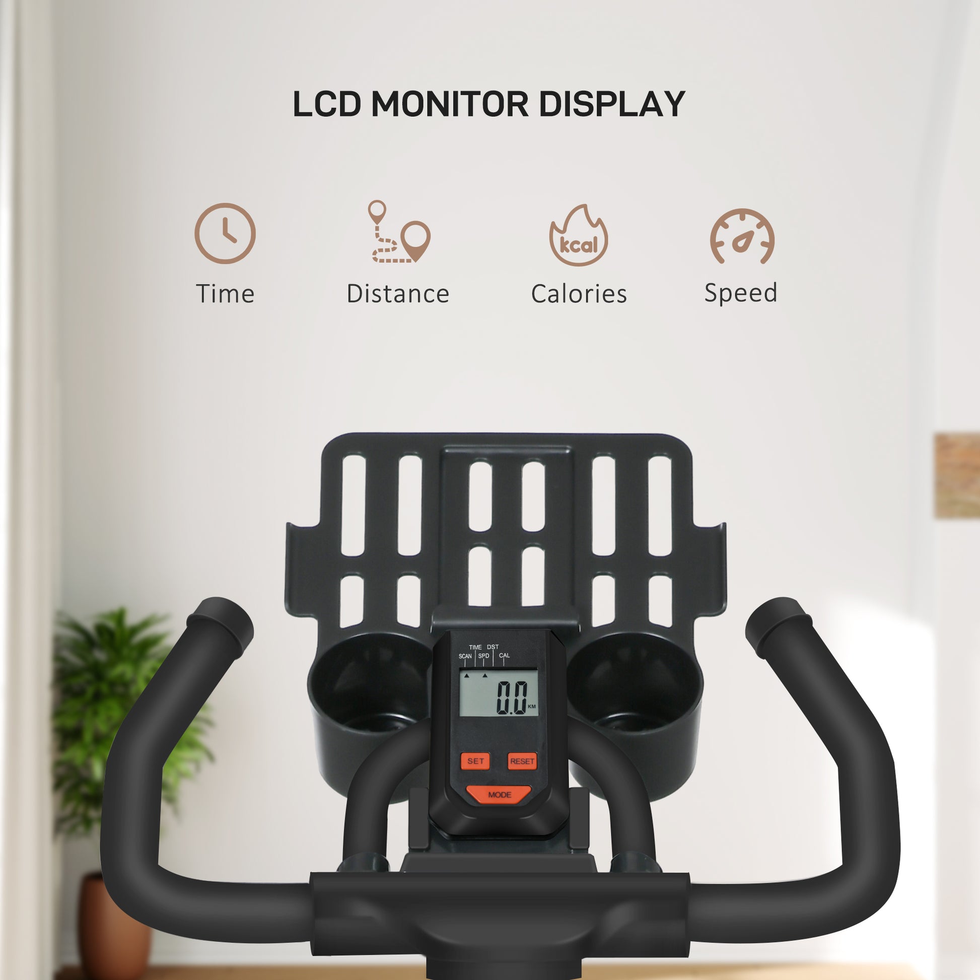 Exercise bike with LCD monitor displaying time, distance, calories, and speed on a white background.