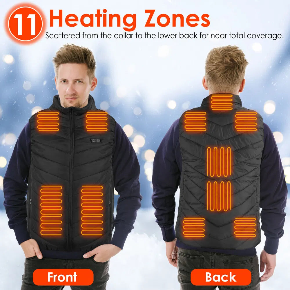 Heated vest with 11 heating zones on front and back, shown on a person against a snowy background.