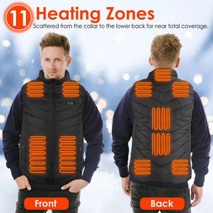 Heated vest with 11 heating zones on front and back, shown on a person against a snowy background.
