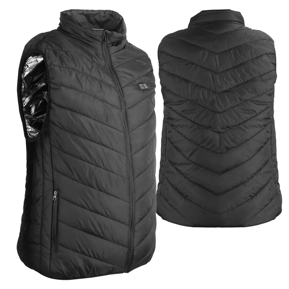 Black puffer vest shown from front and back on a white background