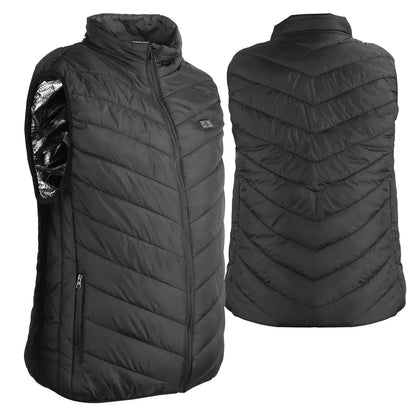 Black puffer vest shown from front and back on a white background