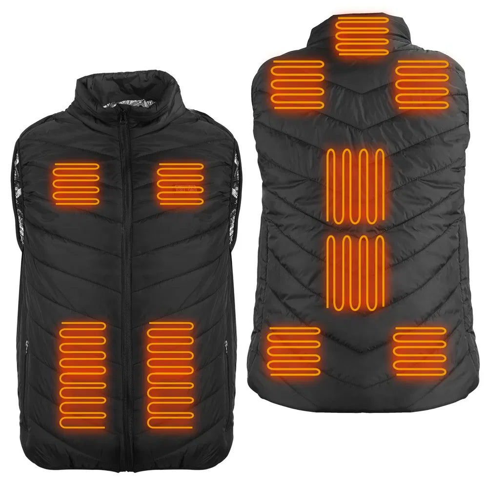 size Black heated vest with orange heating elements on a white background