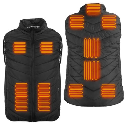 size Black heated vest with orange heating elements on a white background