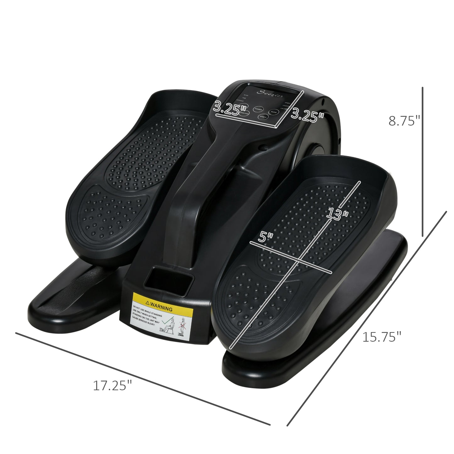 Black exercise with digital display and measurement markings, shown with dimensions on a white background.
